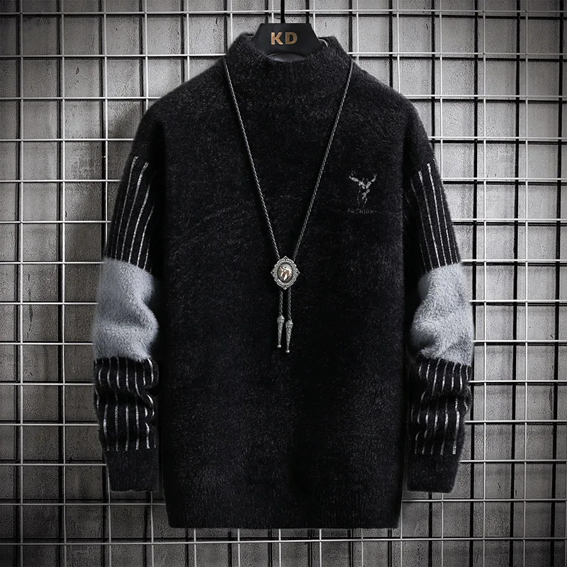 Mens Autumn Winter Mock Neck Pullover Men Fashion Casual Slim Cashmere Print Knitted Sweater High Quality Street Warm Sweatshirt 240821