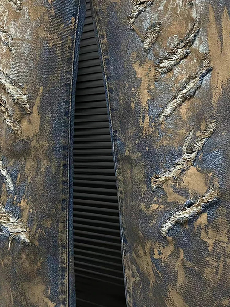 DEAT Womens Jeans High Waist Paint Distressed Broken Holes Straight Wide Leg Female Loose Denim Pants Summer Fashion 240820