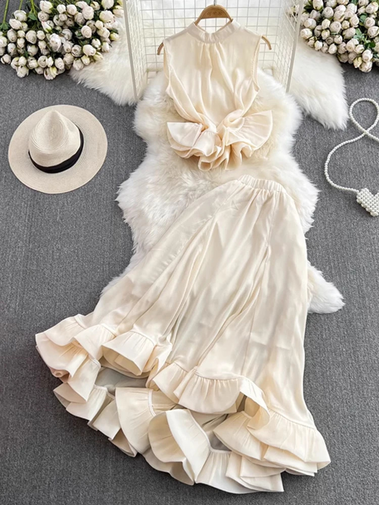 XFPV Womens Stand Neck Ruffle Swing Waist Sleeveless Top Two Piece Set High Waist Skirt Y2k Korean Fashion summer SM11006 240820