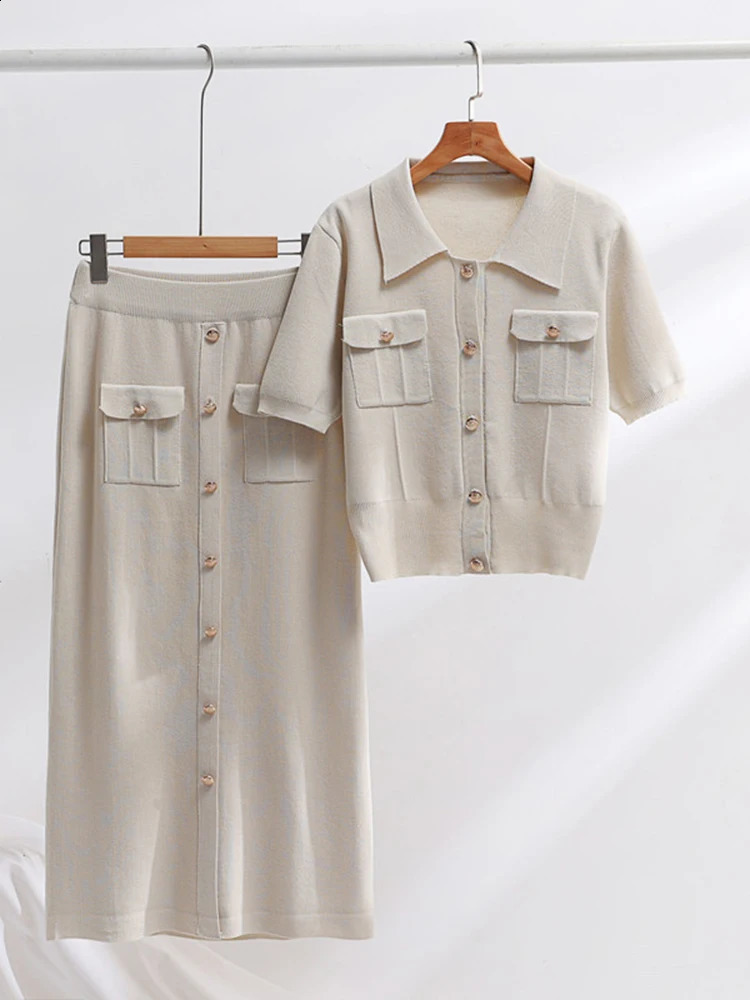 XFPV Women Sweet Lapel Short Sleeved Sweater long slim Skirt Knitted Two-piece Set Y2k Korean Fashion Autumn Winter SM11451 240820