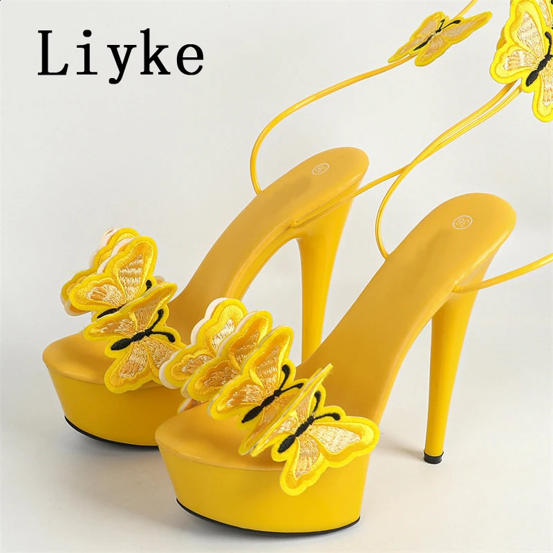 Liyke 2024 Pink Yellow Cross Strap Platform Sandals Women Handmade Embroidery Butterfly Open Toe Elegant High Heels Shoes 240819