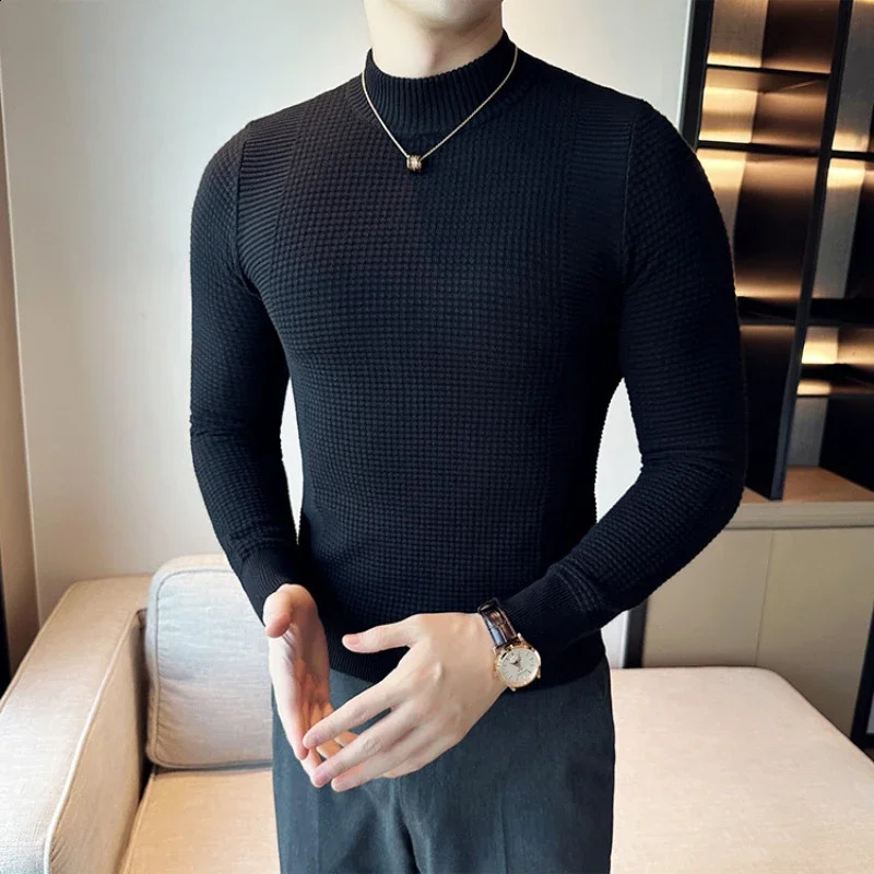 3 Color Men British Style Fall Winter Slim Dark Pattern Half High Neck Pure Color Knit Pullovers Mens Slim-fit Sweater Base 240821