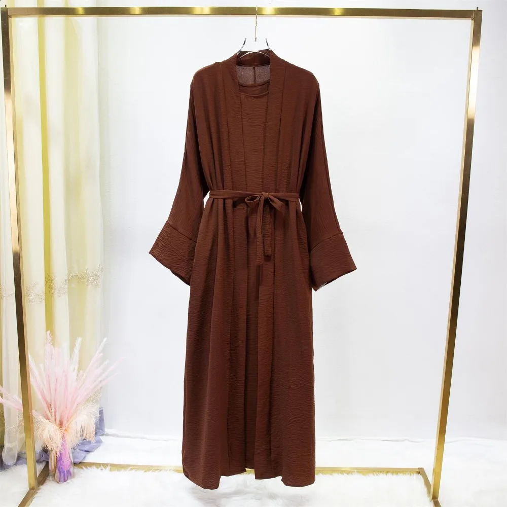 Muslim Sets Muslim Jilbab Two Pieces Women Out Abaya Loose Cardigan Coat Sleeveless Inner Dress Prayer Clothing with Belt 2pics 240821