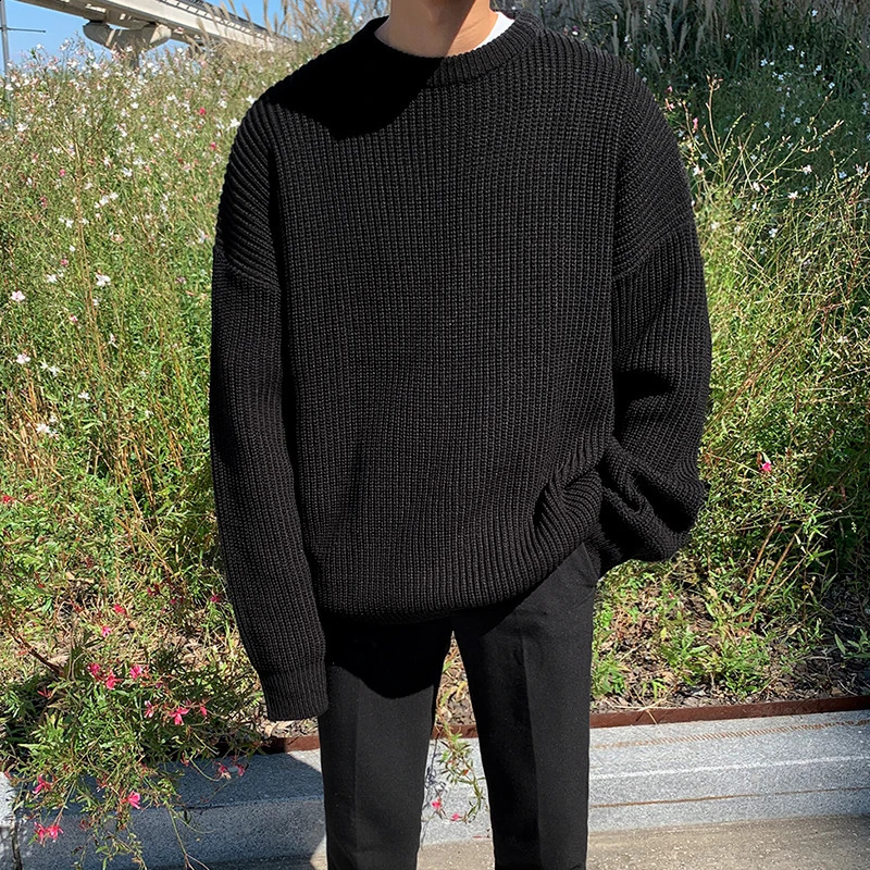 IEFB autumn winter round neck Sweater mens Korean fashion solid color loose basic loose kintwear vintage clothes oversize Y4524 240821