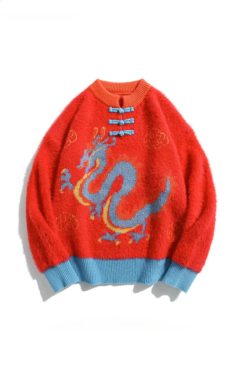 Autumn Winter Retro Buckle Chinese Dragon Jacquard Pullovers Sweaters Men and Women High-end Loose Casual Tang Suit Knitted Tops 240821