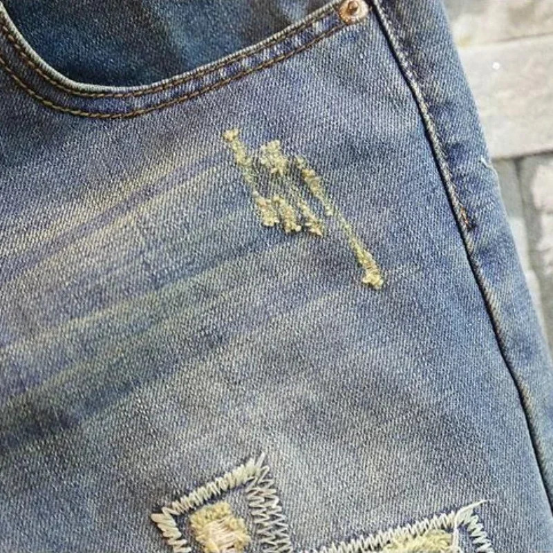 Mens Jeans Cropped Trousers with Holes Man Cowboy Pants Slim Fit Skinny Broken Tight Pipe Torn Ripped Korean Autumn Denim 240821