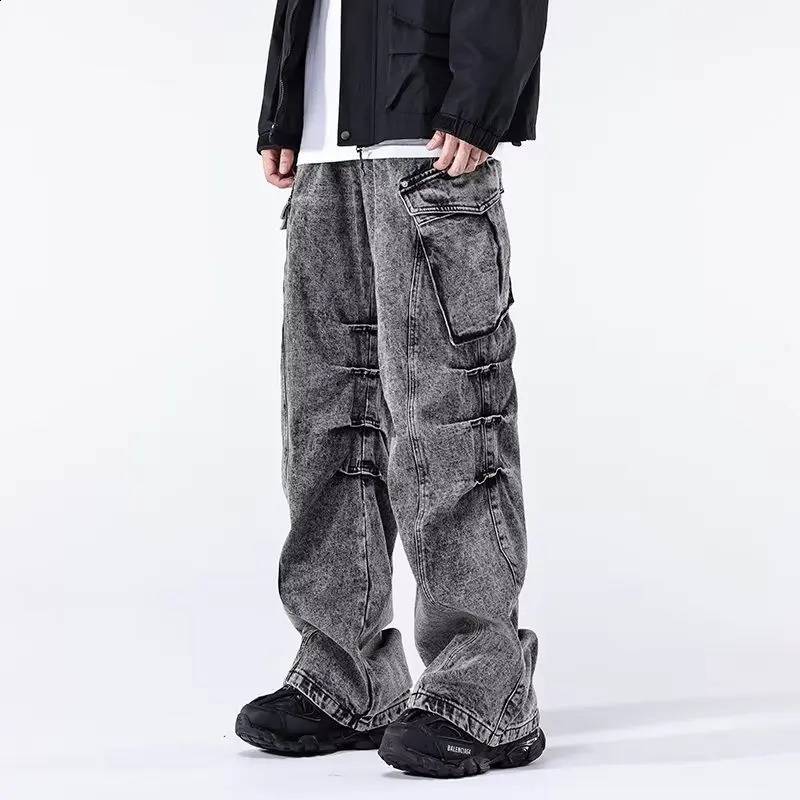 Ropa Aesthetic Y2K Fashion Vintage Grey Baggy Cargo Jeans Pants For Men Clothes Pleated Streetwear Straight Long Trousers 240814