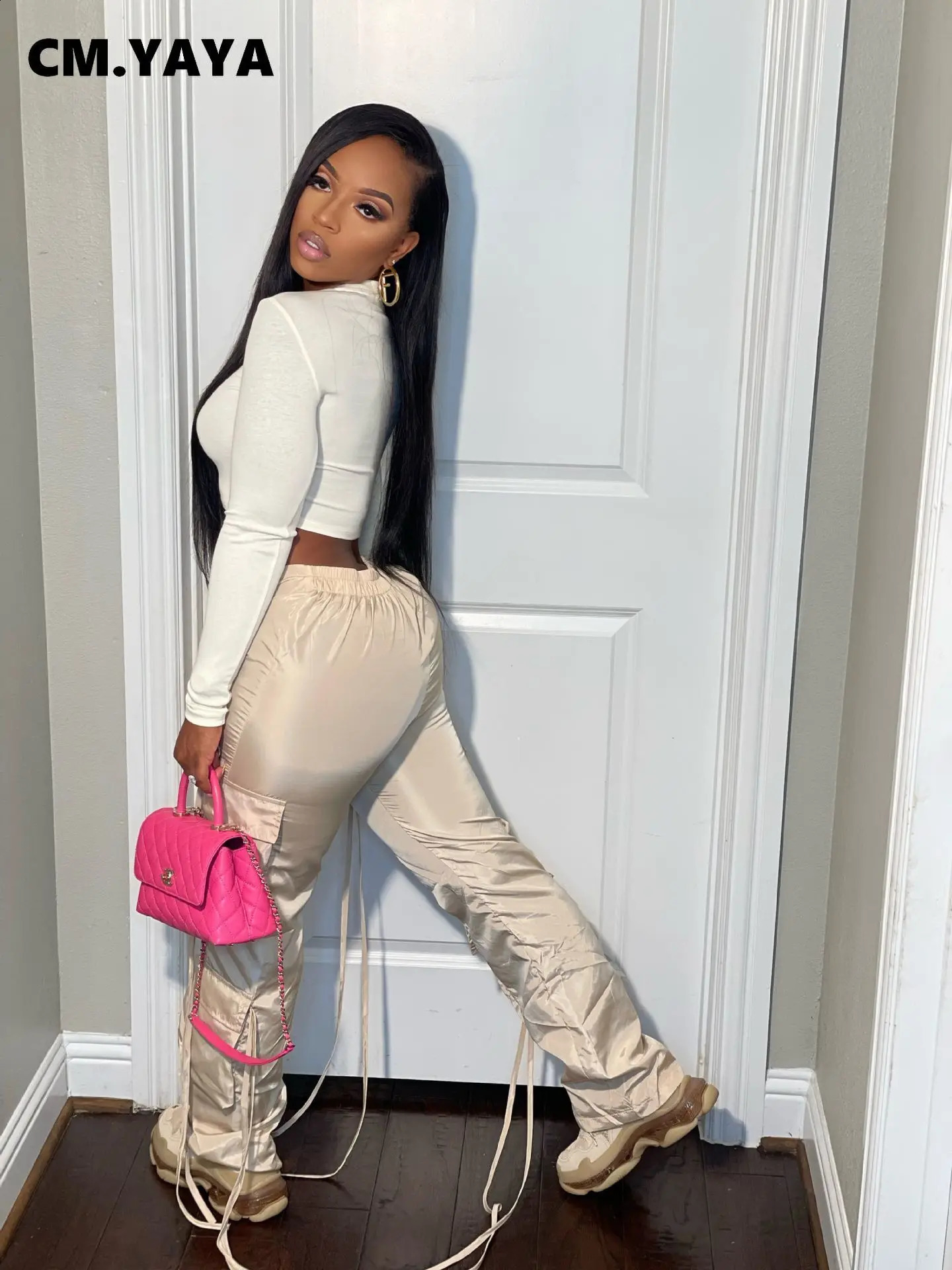 CM.YAYA Women Fashion Pocket Side Straight Wide Leg Safari Style Pants 2024 Summer Lace Up Streetwear Cargo Trousers 240820