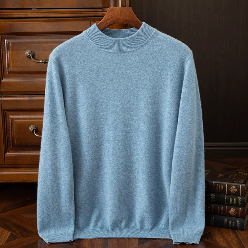{100% Cashmere} Mens Cashmere Selling Half High Collar Casual Solid Color Knitted Sweater for Men 240821