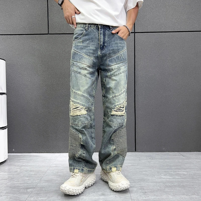 Personalized fashion 3D printing pattern Street beat high-end retro hole mens jeans openwork zipper casual pants wide-legged 240821