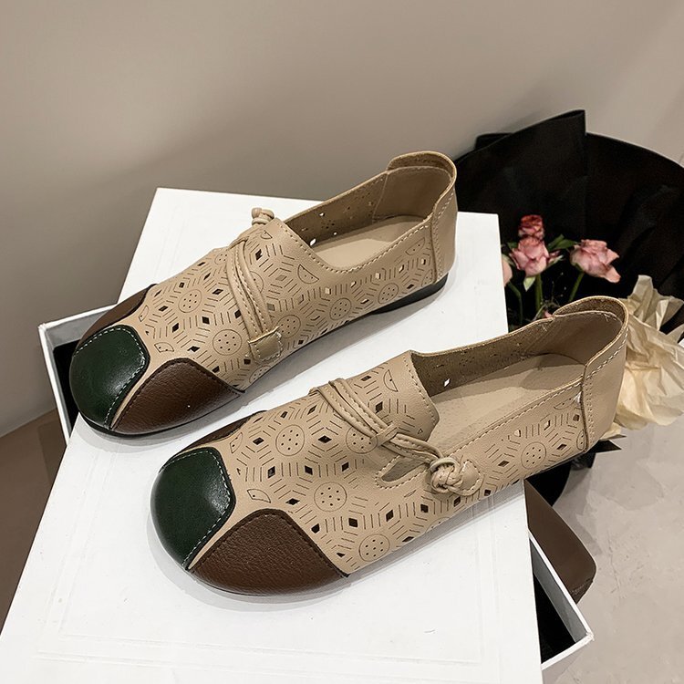 Ddmysports Spring Summer New Ethnic Style Ollow Bean Leather Soft Bottom Casual One Step Comfortable Flat Shoes OUTDOOR