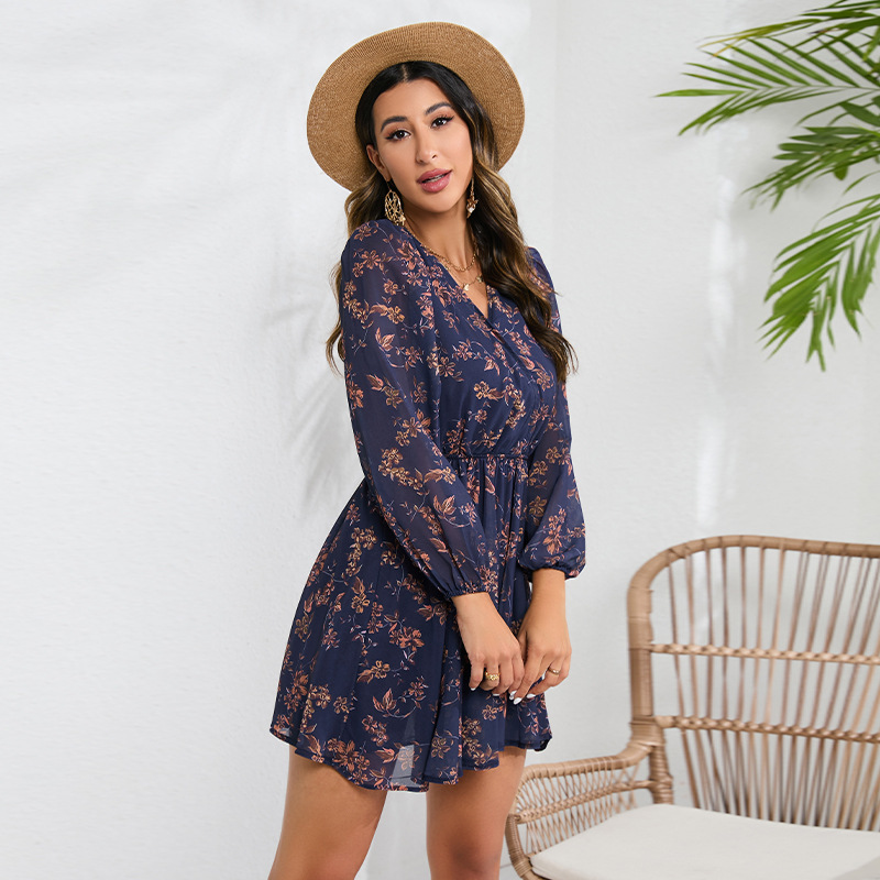 Elegant Chiffon Print Floral Dress for Women - Casual Spring & Autumn Fashion with V-Neck Design