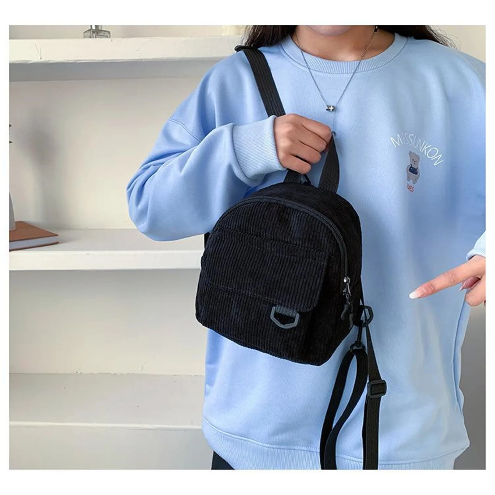 Fashion Womens Mini Backpack Solid Color Corduroy Small Simple Casual Traveling Large Capacity Bookbag Female Schoolbag y240925