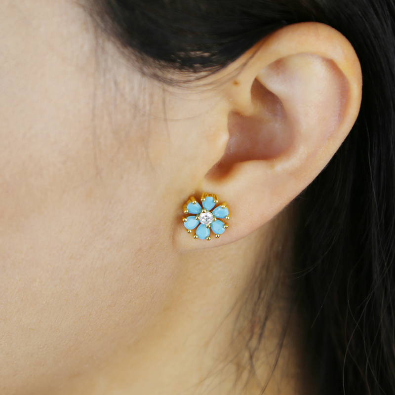 Minimal Delicate Flower Shaped Stud Earring Micro Pave Blue Turquoises White CZ Stone Fashion Women Multi Piercing Bling Jewelry