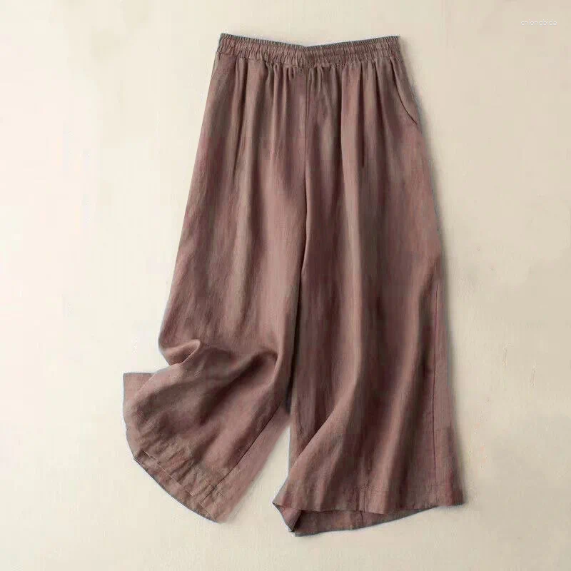 Women's Pants Summer Cotton Linen Wide Leg Cropped Women Calf Length Casual Female Solid Loose High Waist Straight Trouser