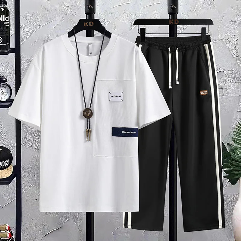 High Quality Summer Casual Two Piece Cotton Mens Sets Short-Sleeve T-Shirts Full-Length Pants Outwear Top Tees Tracksuit 240821