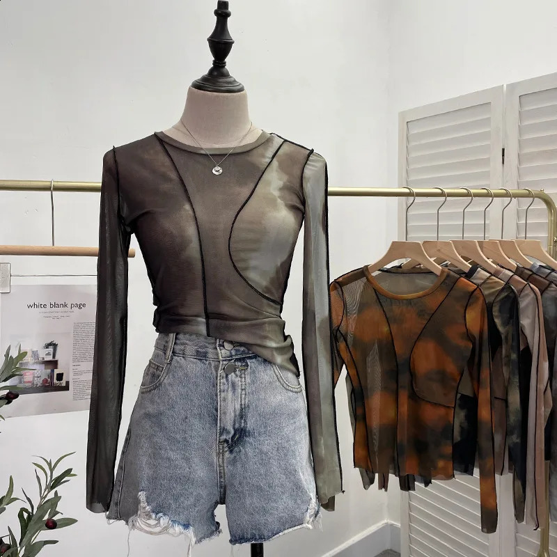 Vintage dyed printed sexy See Through Mesh ultrathin long sleeved top Y2K Tshirt party casual essential streetwear 240820