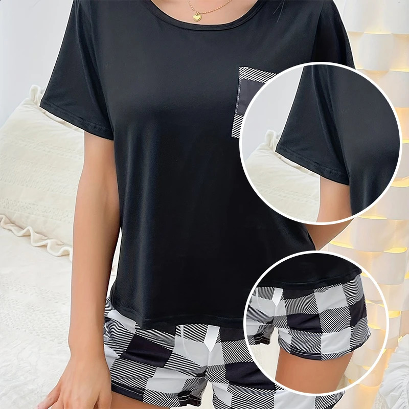 Summer two-piece plain weave pajama set for women with printed round neck top and bow plain weave shorts casual pajama set 240807