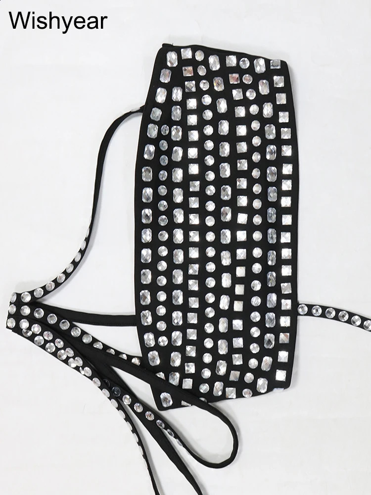 y Celebrity Evening Club Womens Sexy Black One Shoulder Diamond Long Skiing and Crop Top Two Piece Set 240821