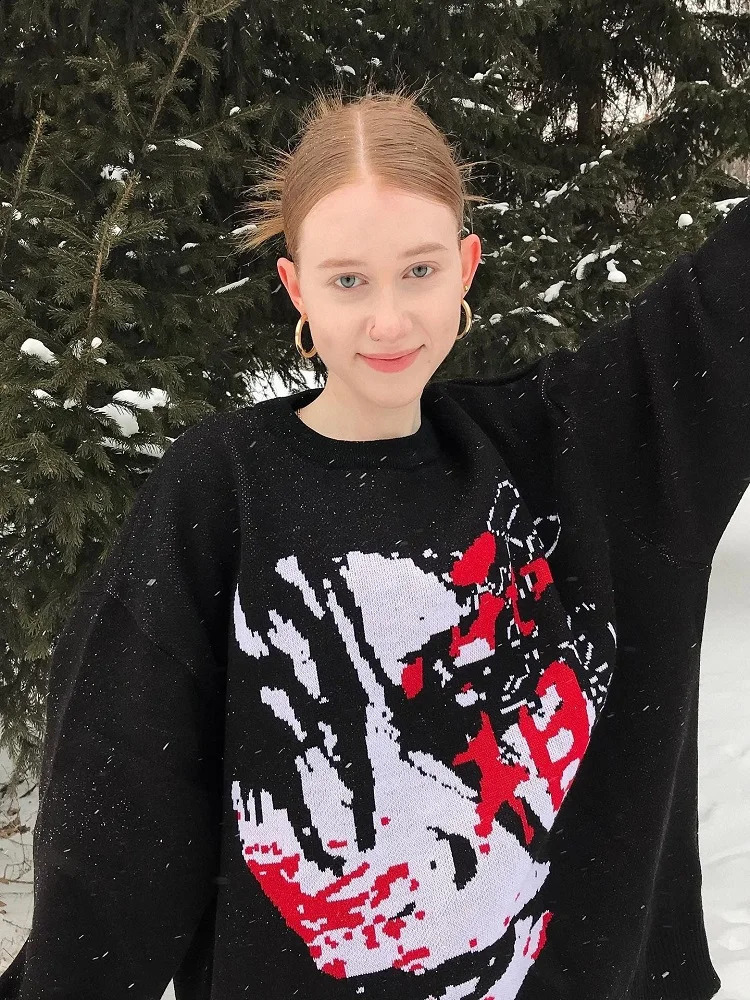 womens Hip Hop Streetwear Harajuku y2k Oversized Sweater Vintage Anime Knitted gothic Sweaters Pullover Unisex pullover top emo 240821