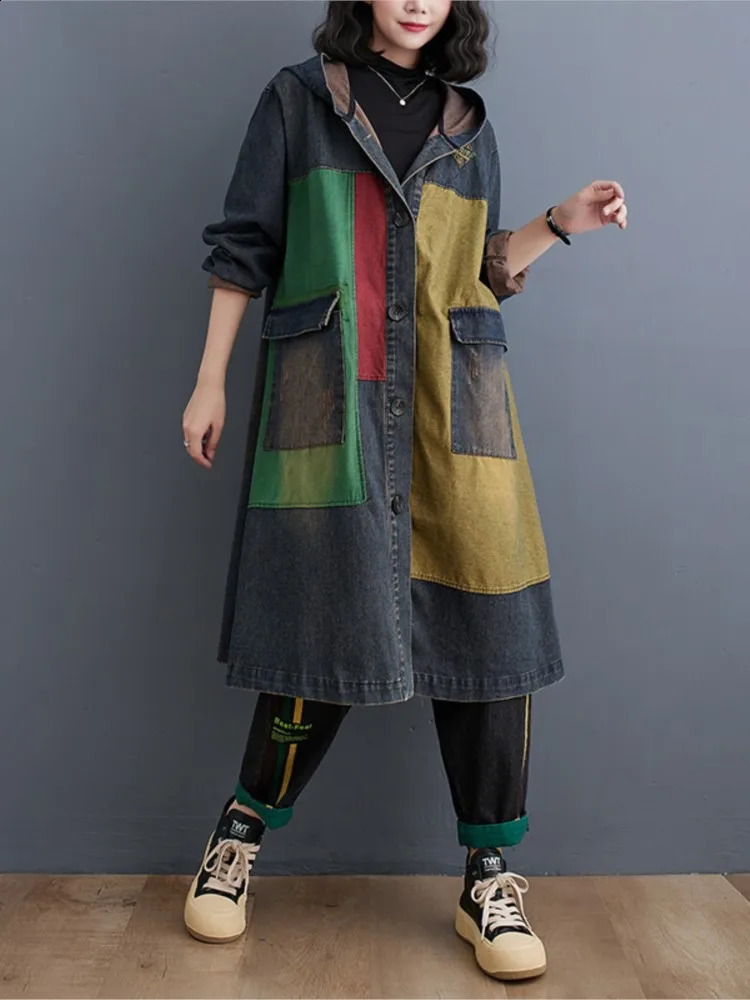 Oversized Autumn Denim Long Hoodies Trench Coat Women Modis Print Patchwork Ladies Windbreaks Casual Loose Woman 2023 240820 - view 3