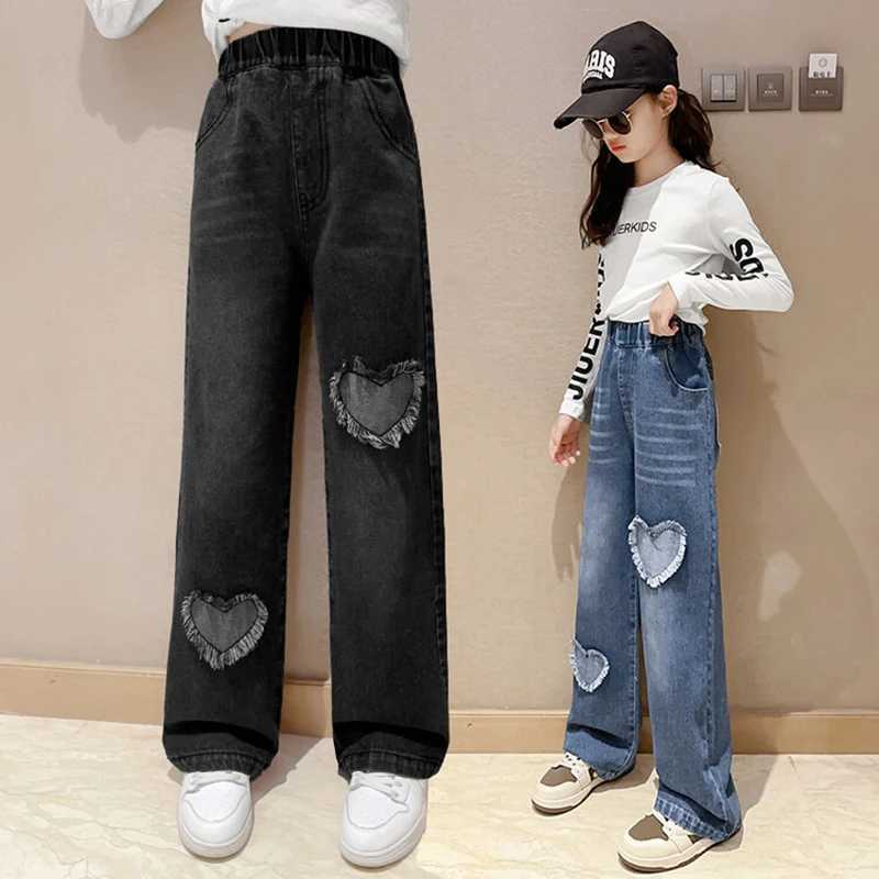 New Fashion Teen Girls Cowboy Wide Leg Pants Children Trousers Spring and Autumn Love Pattern Girls Jeans 5-14 Year Old Childrens ClothingW240819