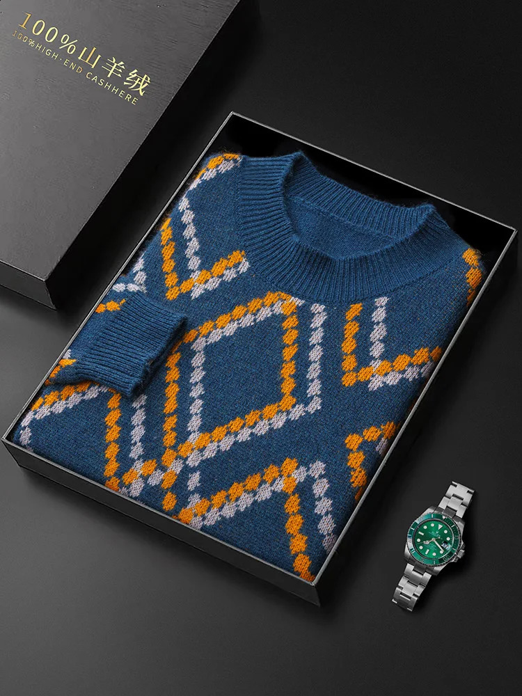 Spring Autumn and Winter Mens Half-High Collar Sweater 100%Wool Irregular Rhombus Pullover Fashion Casual Cashmere Sweater 240821