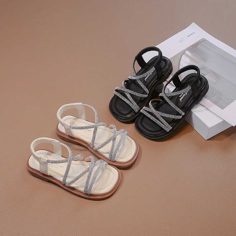 Beige/Black Girls Sandals with Buckle and Open Toes Anti slip sequins Summer PU Outdoor Girls Sandals Zapatillas Mujer W240821