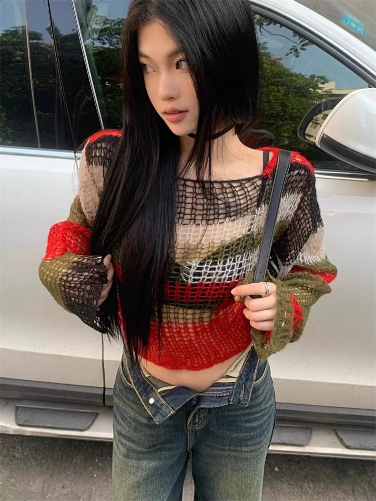 American style hollow knitted sweater item backless loose zipper Y2k womens long sleeved striped top 240821
