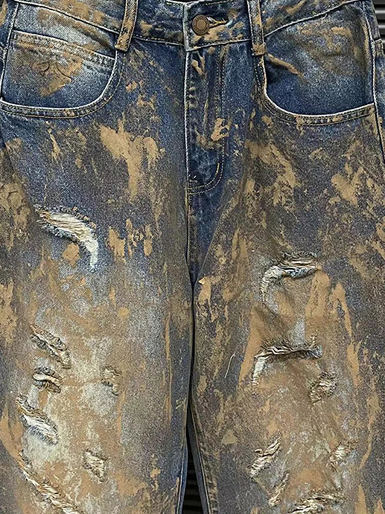 DEAT Womens Jeans High Waist Paint Distressed Broken Holes Straight Wide Leg Female Loose Denim Pants Summer Fashion 240820