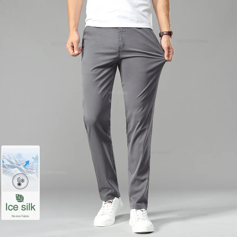 Summer Ultra-thin Mens Ice Silk Casual Pants Soft Comfortable Solid Color Elastic Business Straight Trousers Biege Khaki 240820
