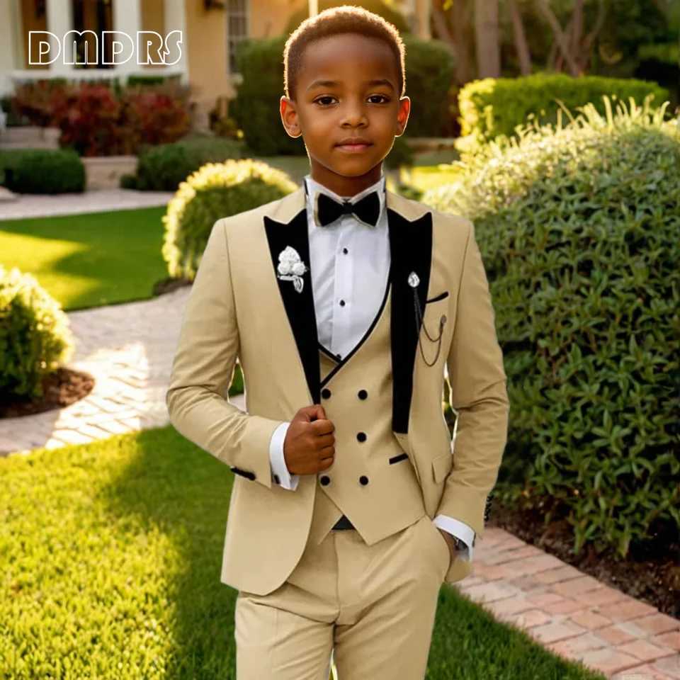 Suits Velvet Notched Lapel Smart Boys Suit Set One Button Champagne Kids Tuxedo Set 2-14 Years 3 Pieves Child Wedding Guest Suits