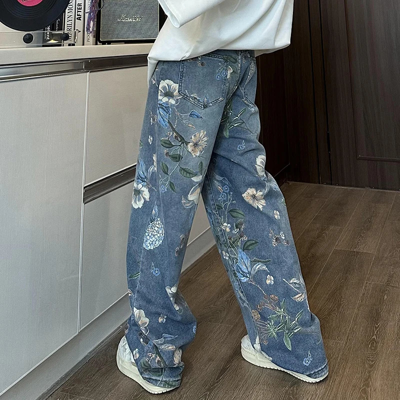 FEWQ Pants Autumn Printed Straight Leg Jeans Flower n Korea Fashion Contrast Color Male Trousers Casual 24E1673 240821
