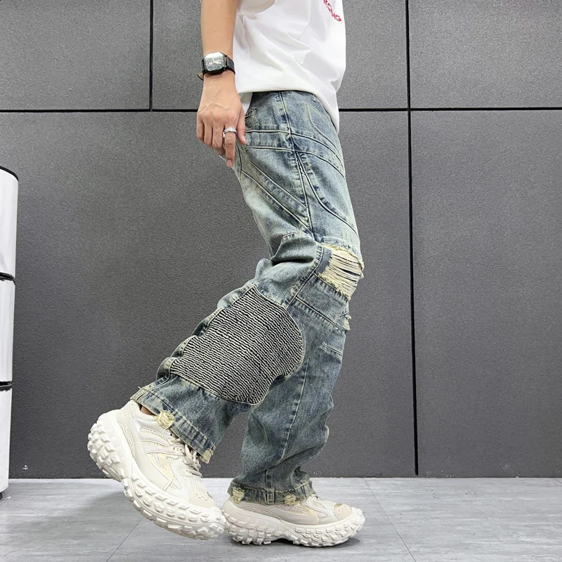 Personalized fashion 3D printing pattern Street beat high-end retro hole mens jeans openwork zipper casual pants wide-legged 240821