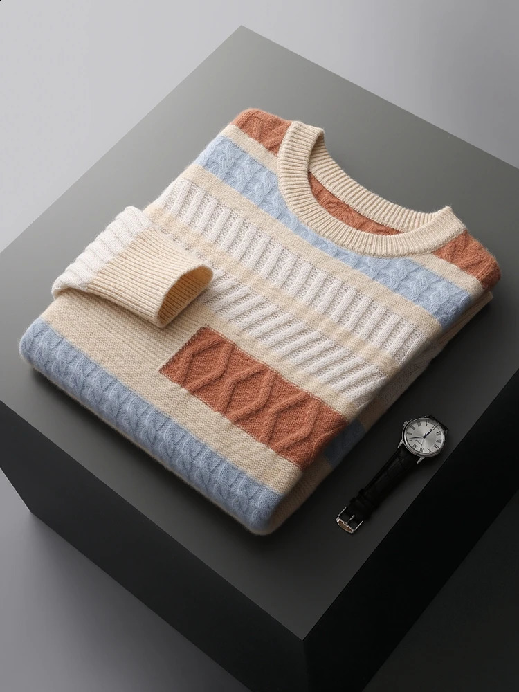 ADDONEE Men Autumn Winter Cashmere Sweater Thick O-neck Pullover Cable Knit Striped Clothing 100% Merino Wool Knitwear Fashion 240821