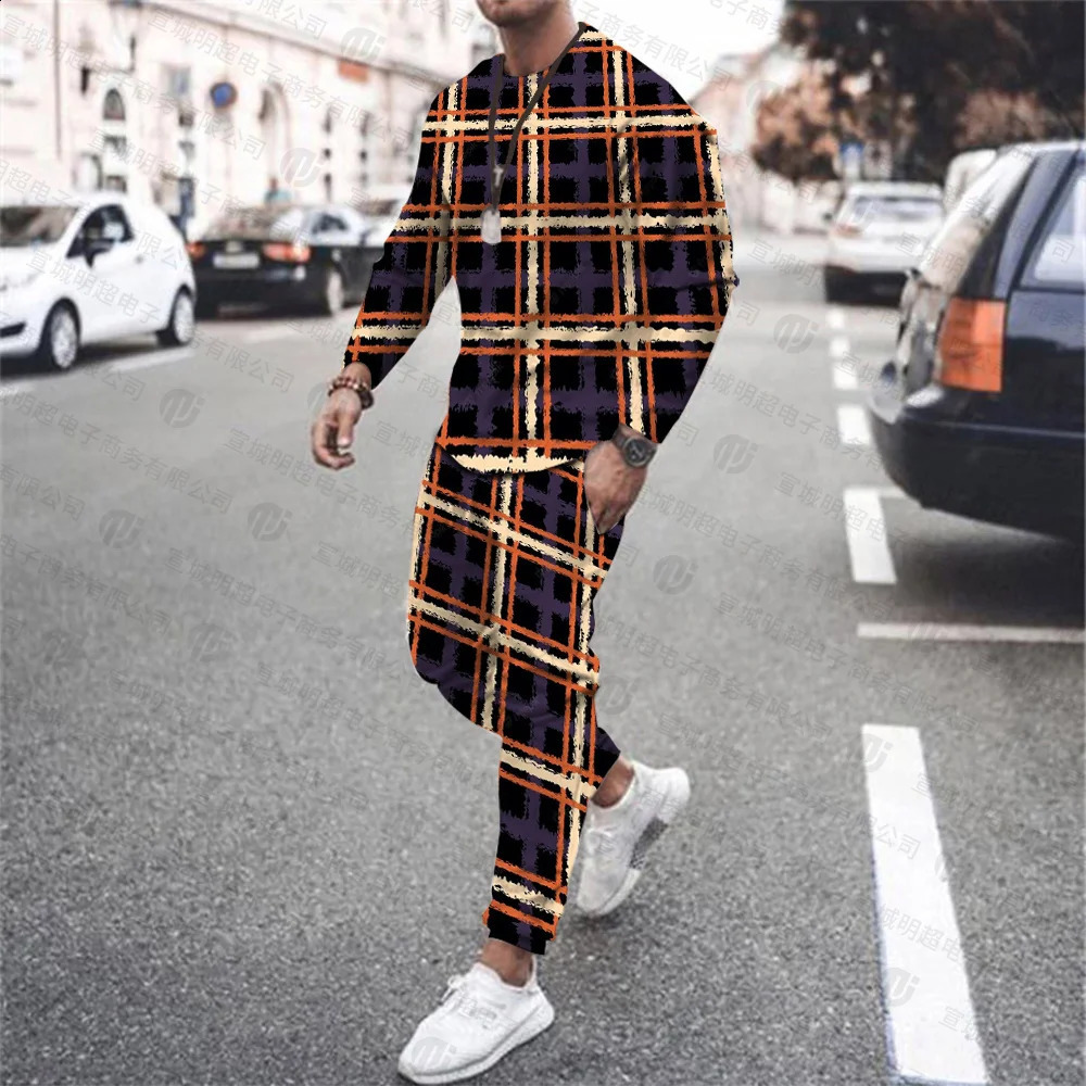 Mens Autumn and Winter Plaid 3D Printing Fashion Retro Sports Long Sleeve Fitness Pants Casual Jogging Suit Plus Size 240821