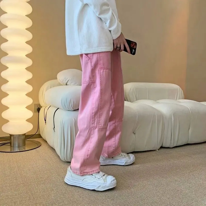 Fashion Pink Baggy Men Cargo Jeans Pants Elegant Straight Casual Women Solid Long Trousers Y2K Clothes Pantalon Homme 240821