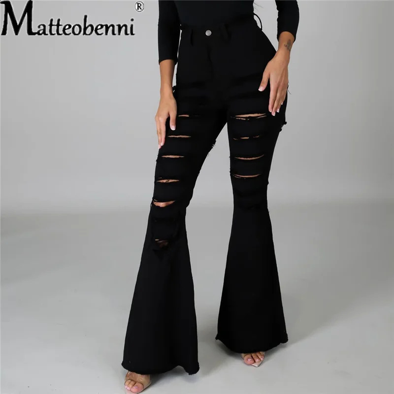 Fashion Women Hole High Waist Ripped Slit Flare Jeans Ladies Black Tassel Denim Trousers Sexy Skinny Bell Bottoms Jean Pants 240821