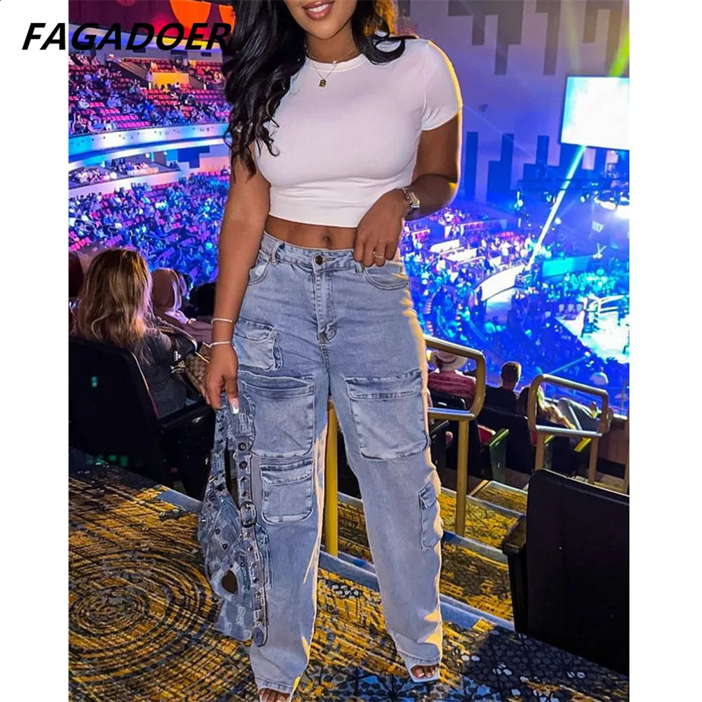 FAGADOER Vintage Denim Pocket Cargo Pants Women High Waisted Button Straight Jean Trousers Casual Female Cowboy Bottoms Z260313