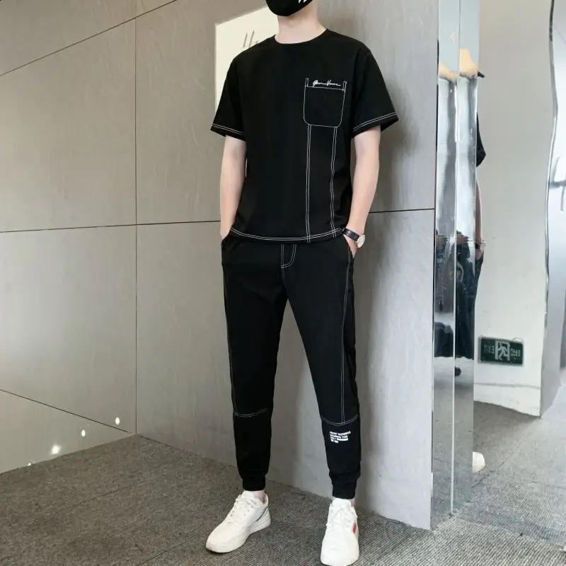 Male T Shirt Pants Sets Korean Style Black Fashion Top Slim Fit Fashion Essential Cotton In Matching Xl Clothes for Men 240821