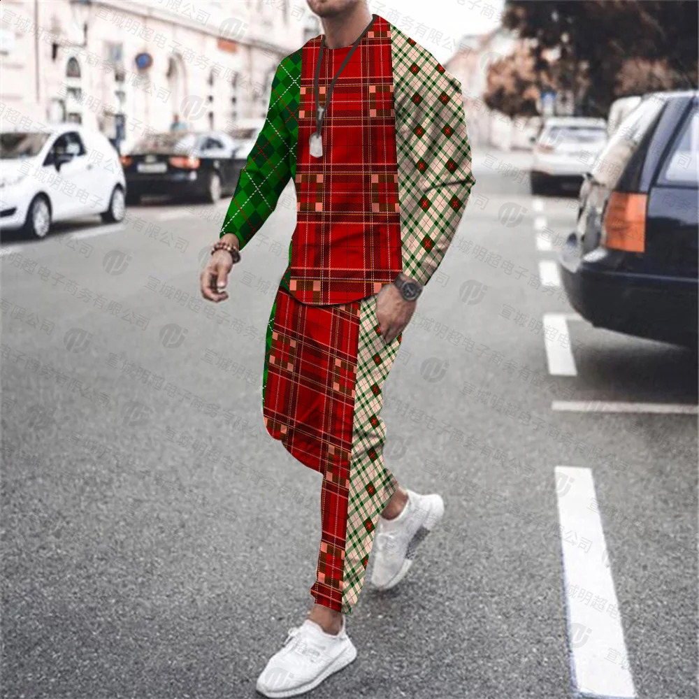 Mens Autumn and Winter Plaid 3D Printing Fashion Retro Sports Long Sleeve Fitness Pants Casual Jogging Suit Plus Size 240821