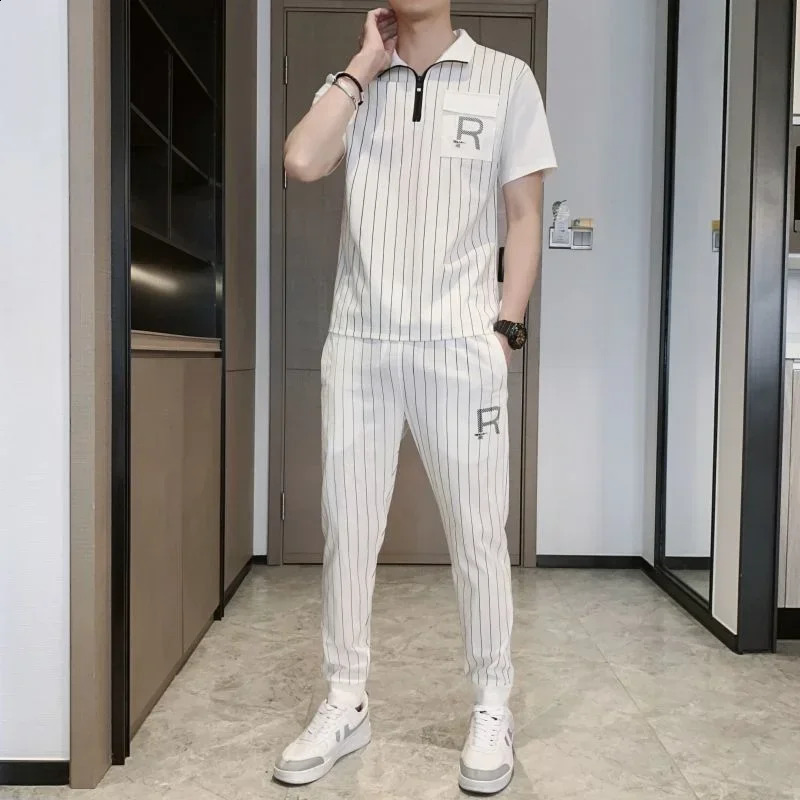 Top Jogging T Shirt Man Jogger Mens Clothing White Pants Sets Striped Tracksuit Smooth Sports Suits Short Quarter Sleeve Casual 240821