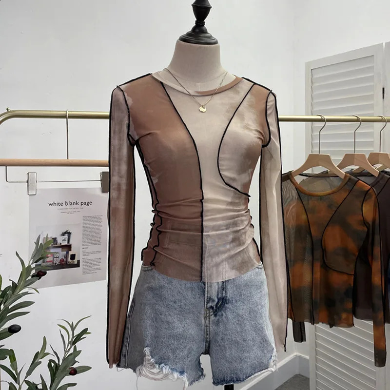 Vintage dyed printed sexy See Through Mesh ultrathin long sleeved top Y2K Tshirt party casual essential streetwear 240820