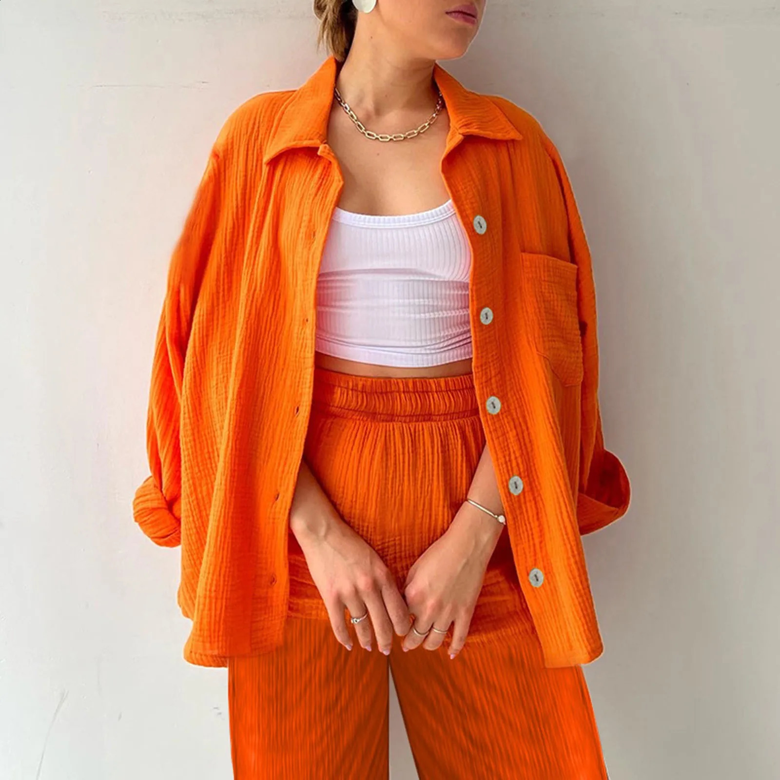 Womens Summer Muslin Blouse Shirt And Shorts Clothes Long Pants Autumn Outfit Set Two Piece Pant Suits 240820