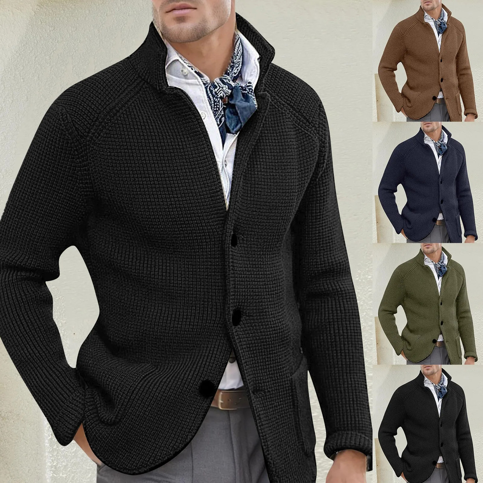 Mens single chest cardigan autumn winter knitted sweater jacket long sleeved stand up collar slim fit top 240821