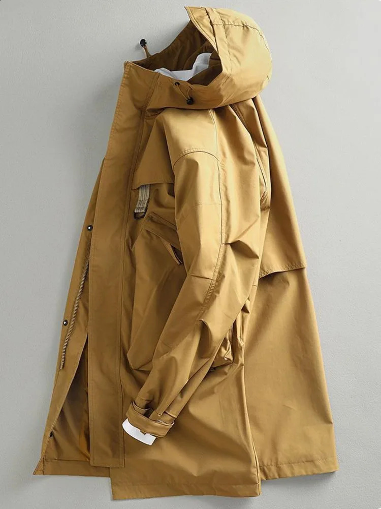 Chic Solid Long Trench Coat Jacket Men Cotton Autumn Spring Windbreaker Mid Length Hooded Jacket High-end Casual Outerwear 240820