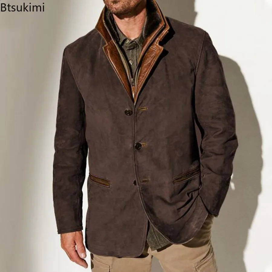Vintage Men Blazer Jacket 2024 Fall Winter Male Casual Classic Buttonup Coat Fashion Slim England Style Lapel Outerwear 24