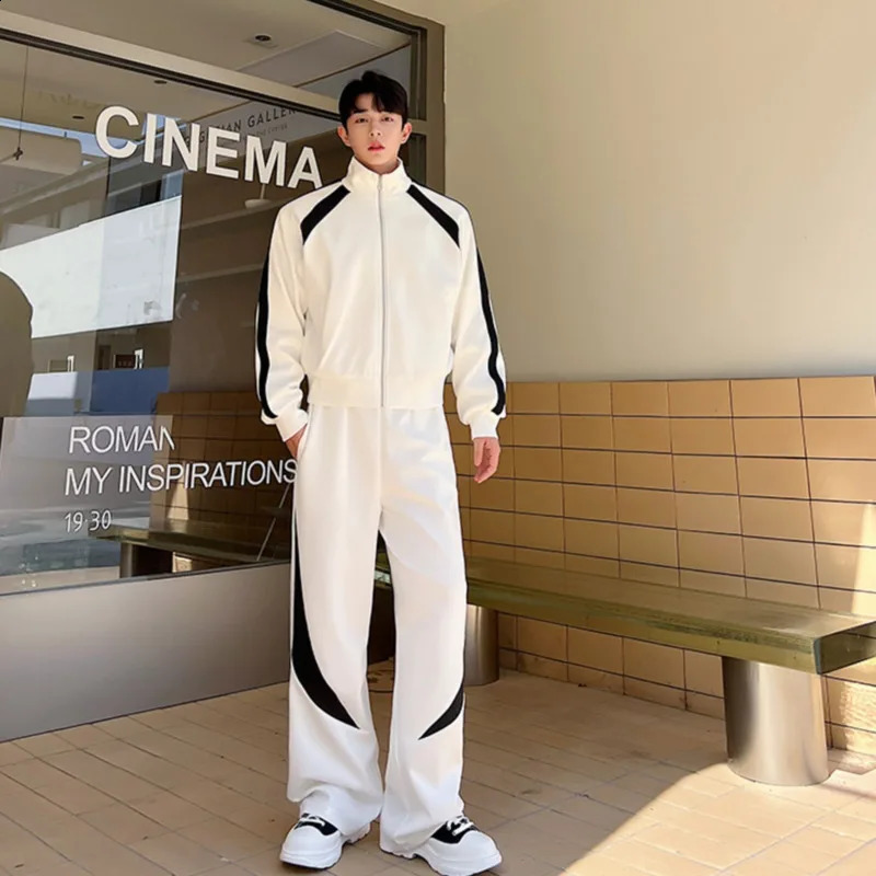 NOYMEI Personality Contrast Color n Korean Casual Loose Mens Two Pieces Set Zipper Coat Straight Pants Autumn Suits WA2937 240821