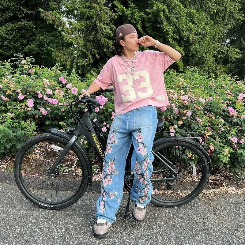 Y2K pants men Baggy Harajuku cherry blossom print pattern jeans Hip Hop streetwear men women gothic Casual wide leg Denim Pants 240821