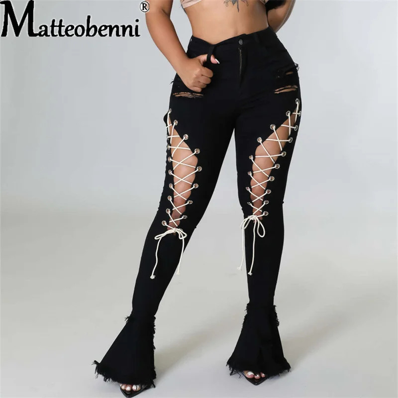 Sexy Slim High Waist Jeans Women Vintage Ripped Stretch Eyelet Bandage Mopping Denim Flared Pants Ladies Casual Street Trousers 240821